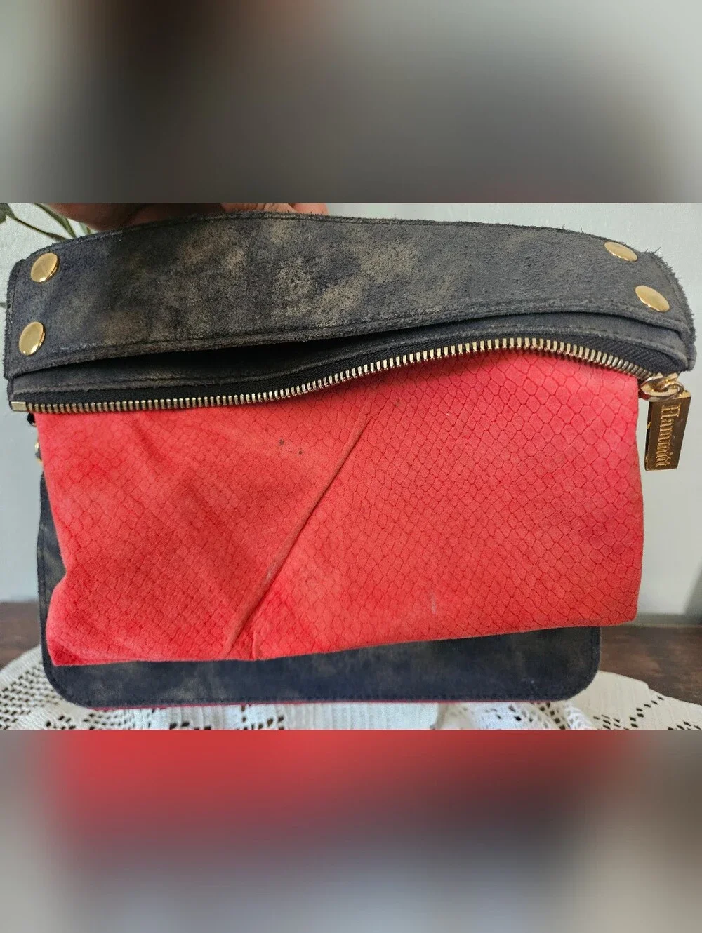 HAMMITT Convertible Grey Distressed Suede Leather Gold Studded Wallet Clutch.